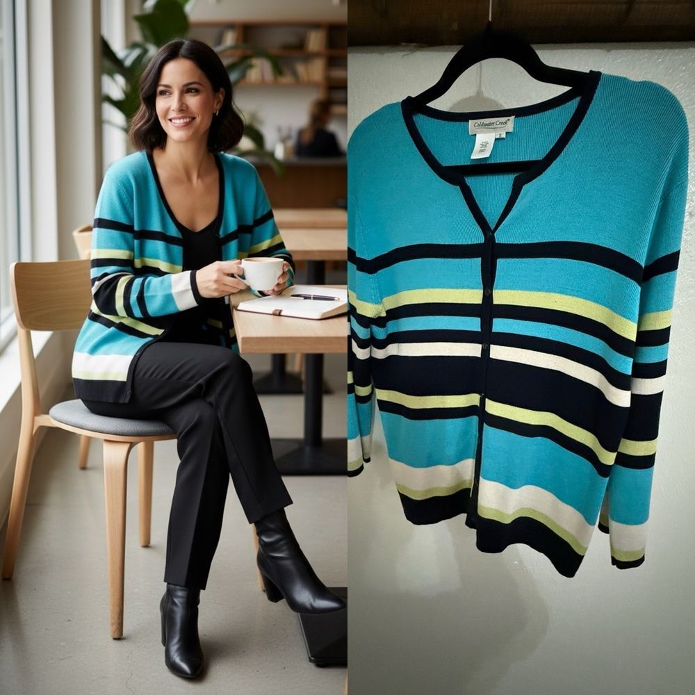 Coldwater Creek Striped Cardigan Turquoise Black Button Front Silk Cotton S